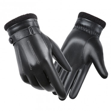 Men Sheepskin Leather Gloves Autumn Winter Warm Touch Screen Full Finger Black Gloves