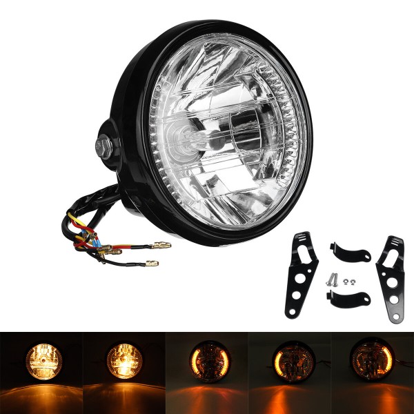 12V 7 Inch Motorcycle Headlight Turn Signal Light Black Bracket Mount Amber