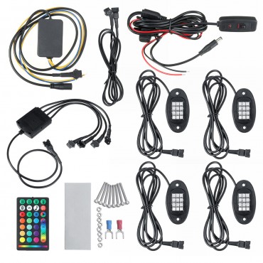 4PCS 12V RGB LED Mini Light Under Body Lamp Turn Signal Break Voice RF Remote Control For Car Motorcycle Truck SUV