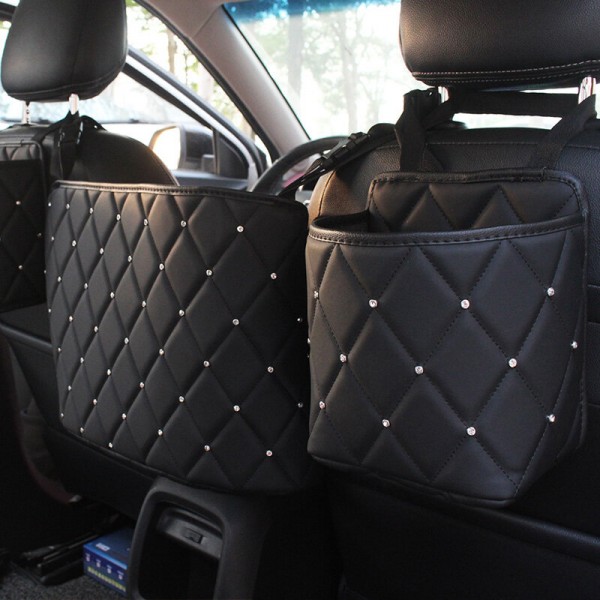 Car Back Seat Organiser Crystal Rhinestones PU Leather Tidy Pocket Storage Bag