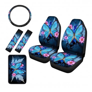 1/6 PCS Car Seat Covers Full Set Butterfly Leather Universal Steering Wheel Cover