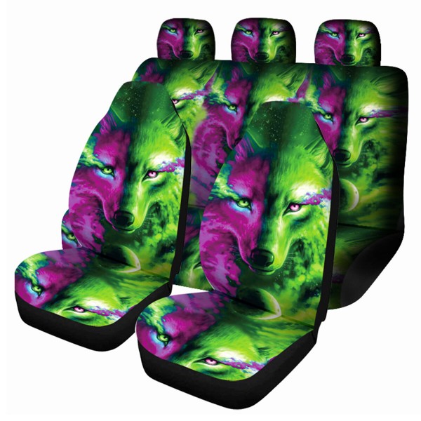 1/7 PCS Universal Car Seat Cover Wolf Green + Purple Design Front & Rear Protect