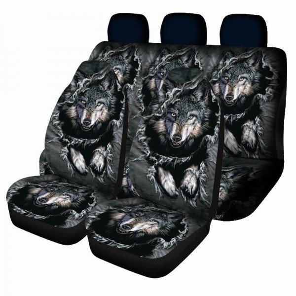 1/7PCS Universal Car Seat Cover Black & White Wolf Design Front & Rear Seat Full Protect