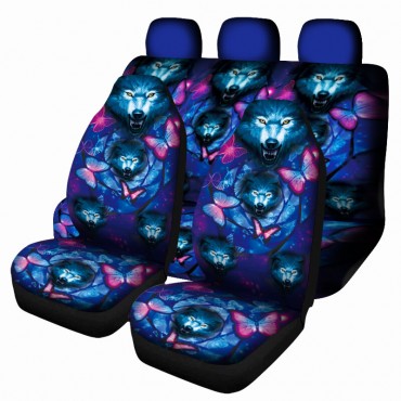1/7PCS Universal Car Seat Cover Butterfly + Wolf Design Front Seat Full Protect