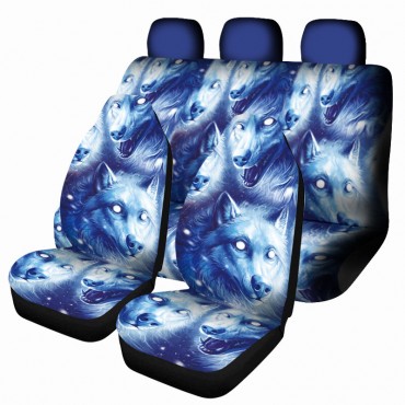 1/7PCS Universal Car Seat Cover Wolf Blue & White Design Front Seat Full Protect