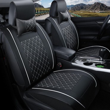 Double PU Leather Car Front Seat Cover with Pillow Universal for Five Seats Car Black and White