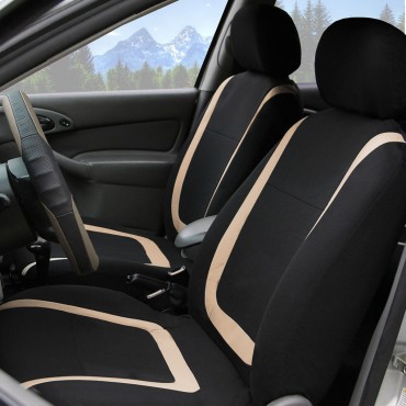 Full Set Car Seat Cover Polyester For Auto Truck SUV 5 Heads Beige&Black