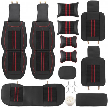 Universal Car 5 Seat PU Leather Black / Red Full Surround Cover Mat Cushion Pillow