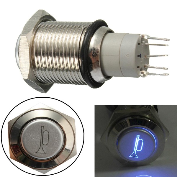 12V 16mm Waterproof Momentary Horn Metal Push Button Switch Blue LED Lighted