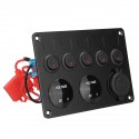 5 Gang ON-OFF Rocker Switch Panel Dual USB Charger LED Voltmeter 12-24V for Car Boat Marine RV Truck