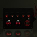 5 Gang ON-OFF Rocker Switch Panel Dual USB Charger LED Voltmeter 12-24V for Car Boat Marine RV Truck