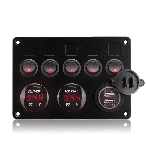 5 Gang ON-OFF Rocker Switch Panel Dual USB Charger LED Voltmeter 12-24V for Car Boat Marine RV Truck