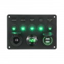 5 Gang Rocker Switch Panel On-Off Blue LED Toggle Switch LED Digital Voltmeter 5V 4.2A 240W For 12V/24V Car Boat