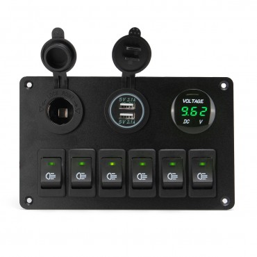 6 Gang ON-OFF Toggle Rocker Switch Panel with Dual USB Charger Port Lighter LED Voltmeter 12-24V for Car Boat Marine RV Truck