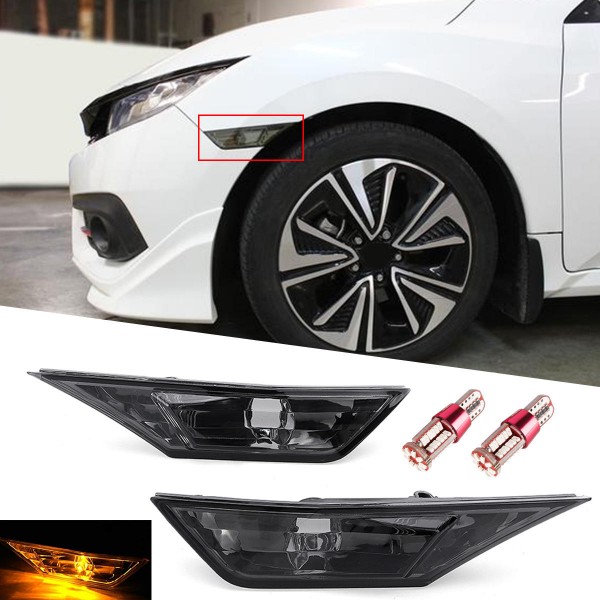 Smoked Black Side Marker Signal Lights Lamp with T10 LED Bulbs For Honda Civic 2016-2018