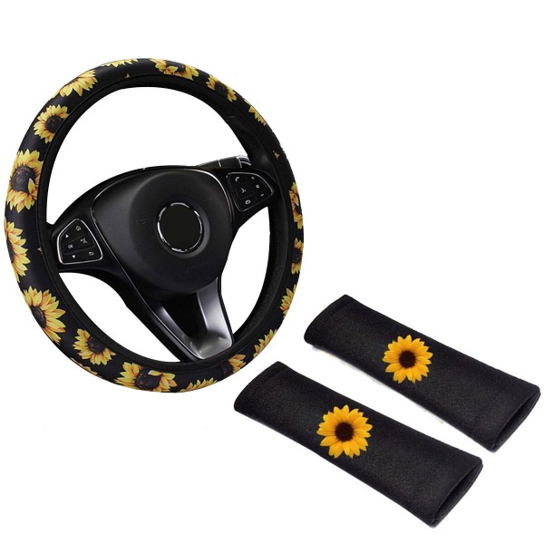 38cm Car Steering Wheel Covers Protector Glove Plush Sunflower + Shoulder Sleeves