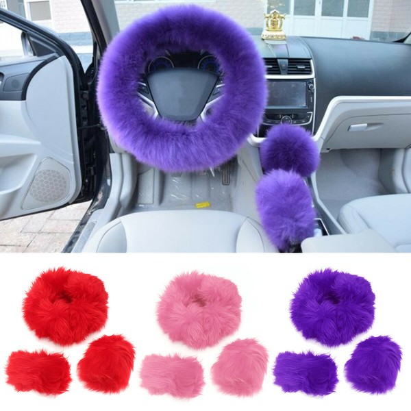 Winter Furry Car Steering Wheel + Gear Knob Shifter Parking Brake Covers Set 3Pcs