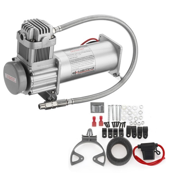 12V 200 PSI Silver Air Compressor 1/4'' Hose Set With Relays Switch For Car Truck Train Honrs Suspension