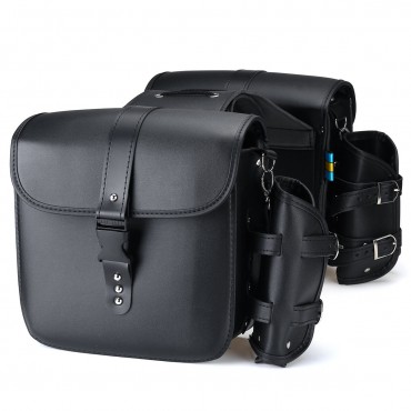 2pcs Left+Right Side Saddlebags With Quick Release Button Motorcycle PU Leather Saddle Bags With Kettle Bag Pannier Luggage Storage Tool Bag Black