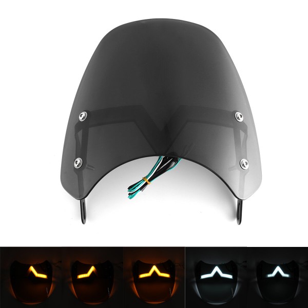 Universal 5-7inch Black Round Headlight Front Fairing Motorcycle Windshield Windscreen With LED