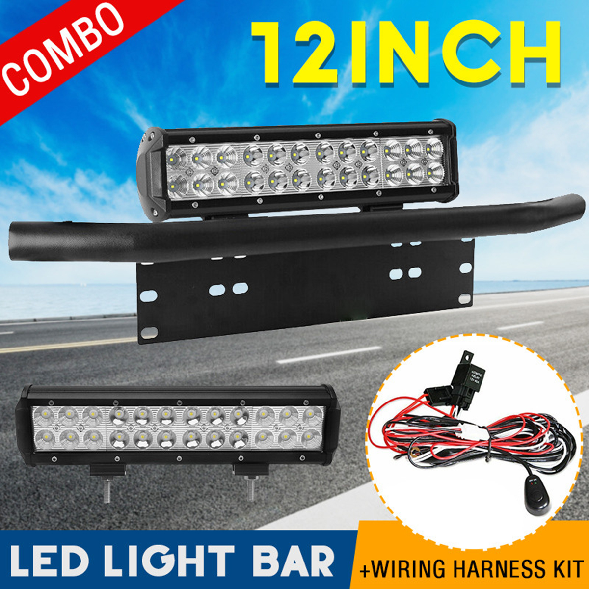 12quot-inch-LED-Light-Bar--Number-Plate-Frame-Bumper-Mount-Bracket--Wire-Combo-1741074