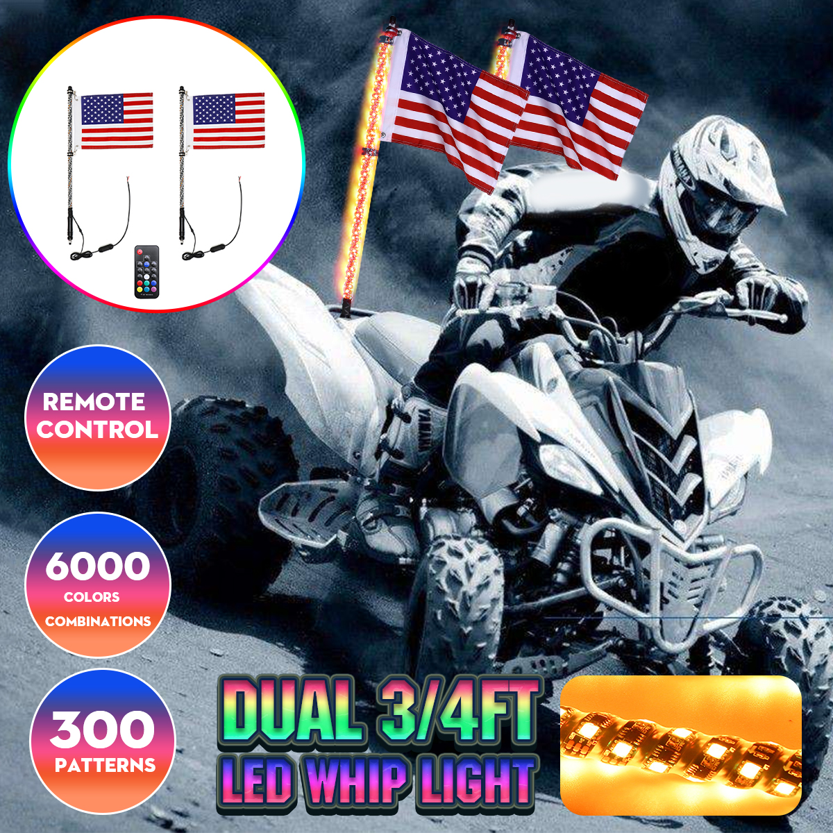 2X-12V-3FT4FT5FT-LED-4WD-Strip-RGB-Color-Whip-America-USA-Flag-Light--Remote-Control-For-Jeep-ATV-UT-1634804