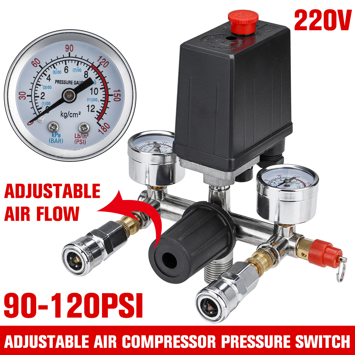 220V-Air-Compressor-Pressure-Switch-Control-Valve-Manifold-Regulator-Gauges-1694809