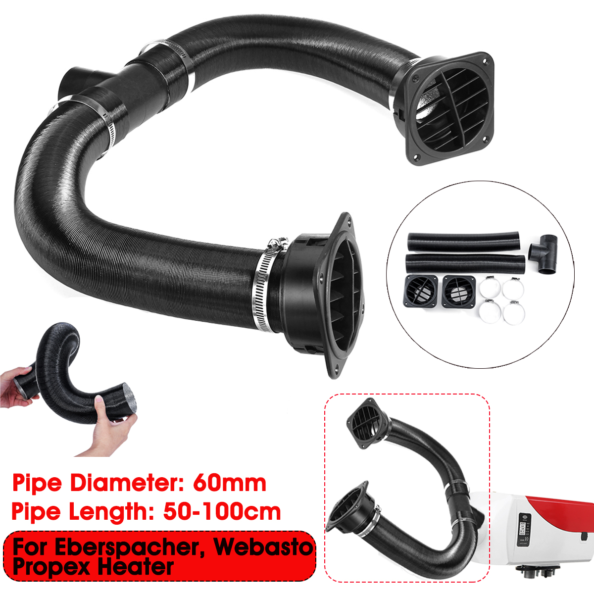 60mm-Heater-Pipe-Ducting-T-Piece-Air-Outlet-Vent-Clamps-50-100cm-For-Eberspacher-1723922