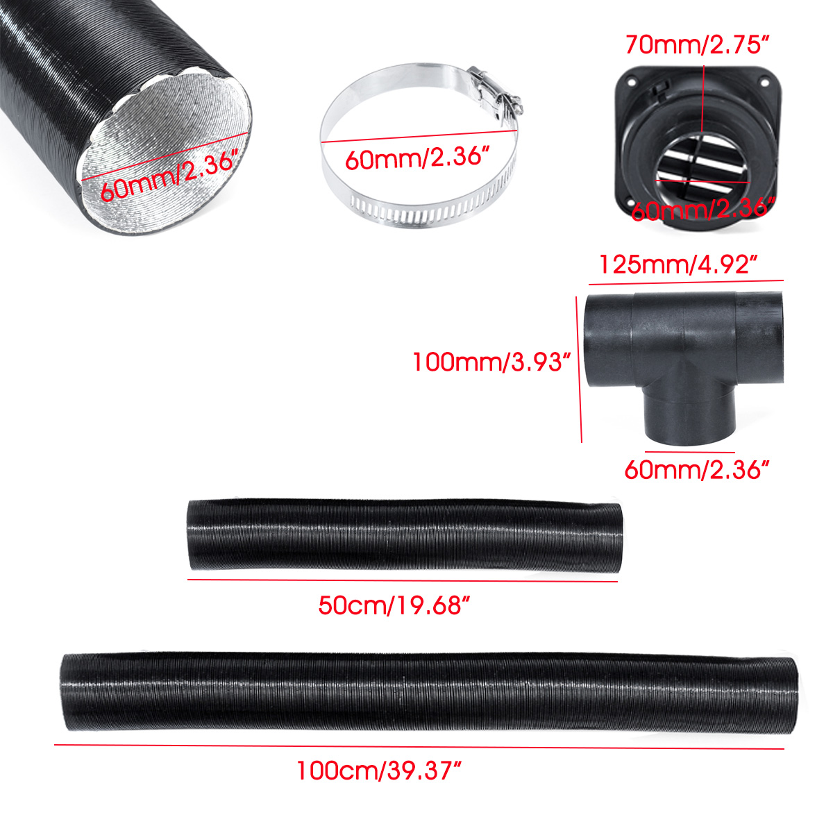 60mm-Heater-Pipe-Ducting-T-Piece-Air-Outlet-Vent-Clamps-50-100cm-For-Eberspacher-1723922