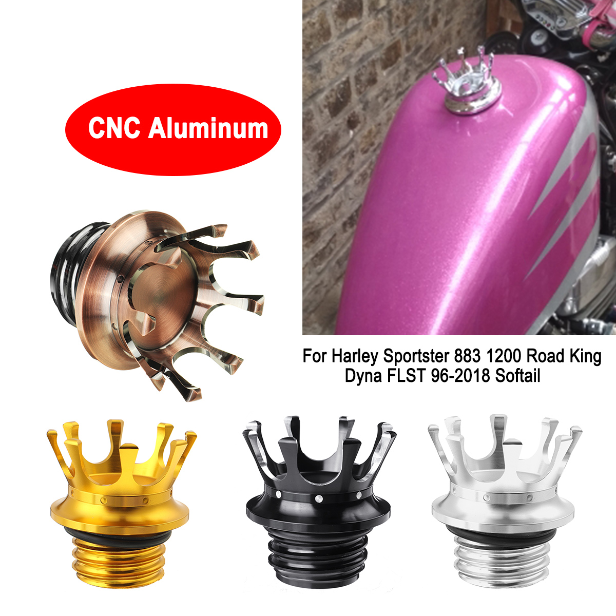 Motorcycle-Gas-Cap-Crown-Style-CNC-Flush-Tank-Cap-For-Harley-Sportster-883-1200-Road-King-Dyna-FLST--1674909
