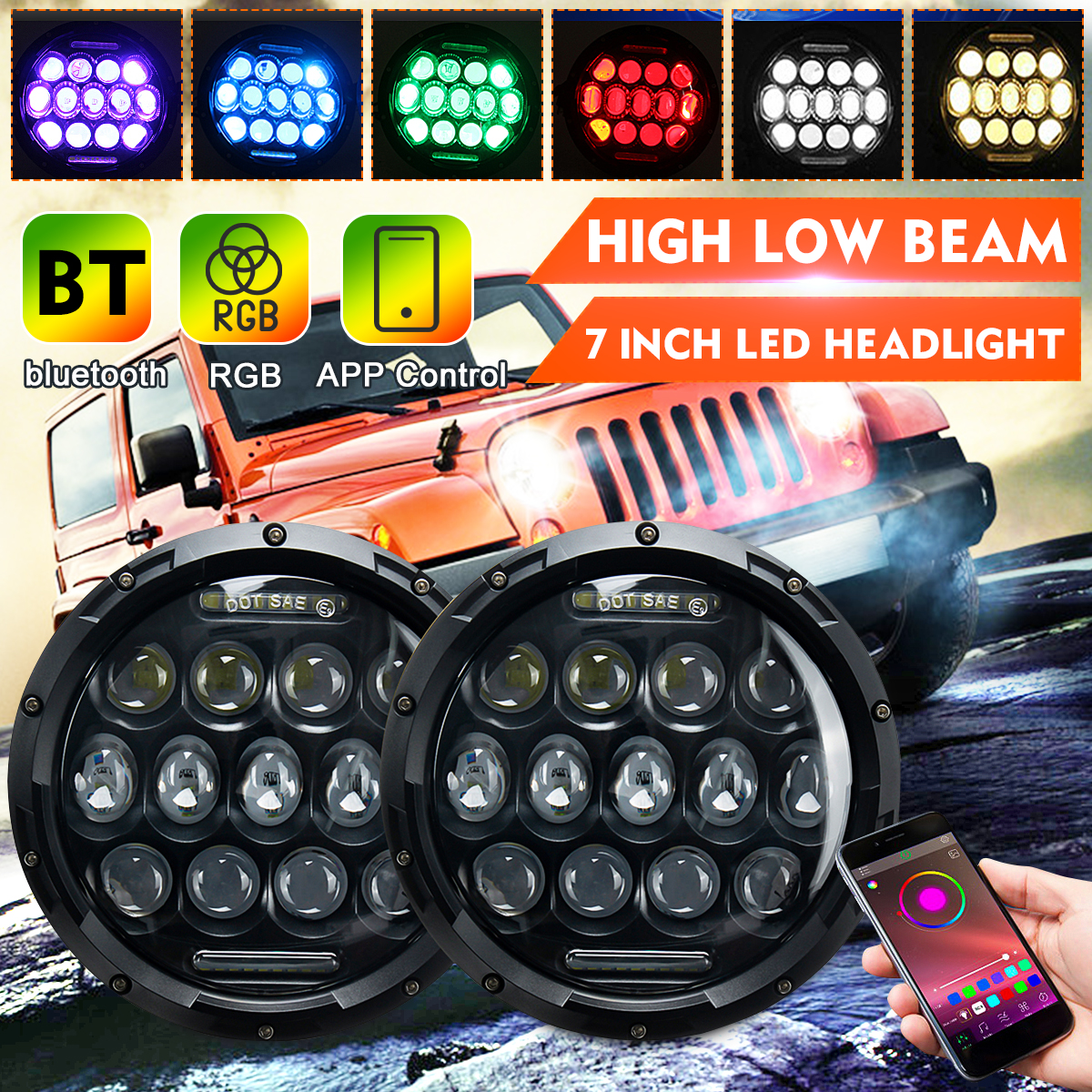 7-Inch-Car-Halo-RGB-LED-Headlights-Angel-Eyes-Lights-bluetooth-Support-APP-Control-Waterproof-High-L-1624782