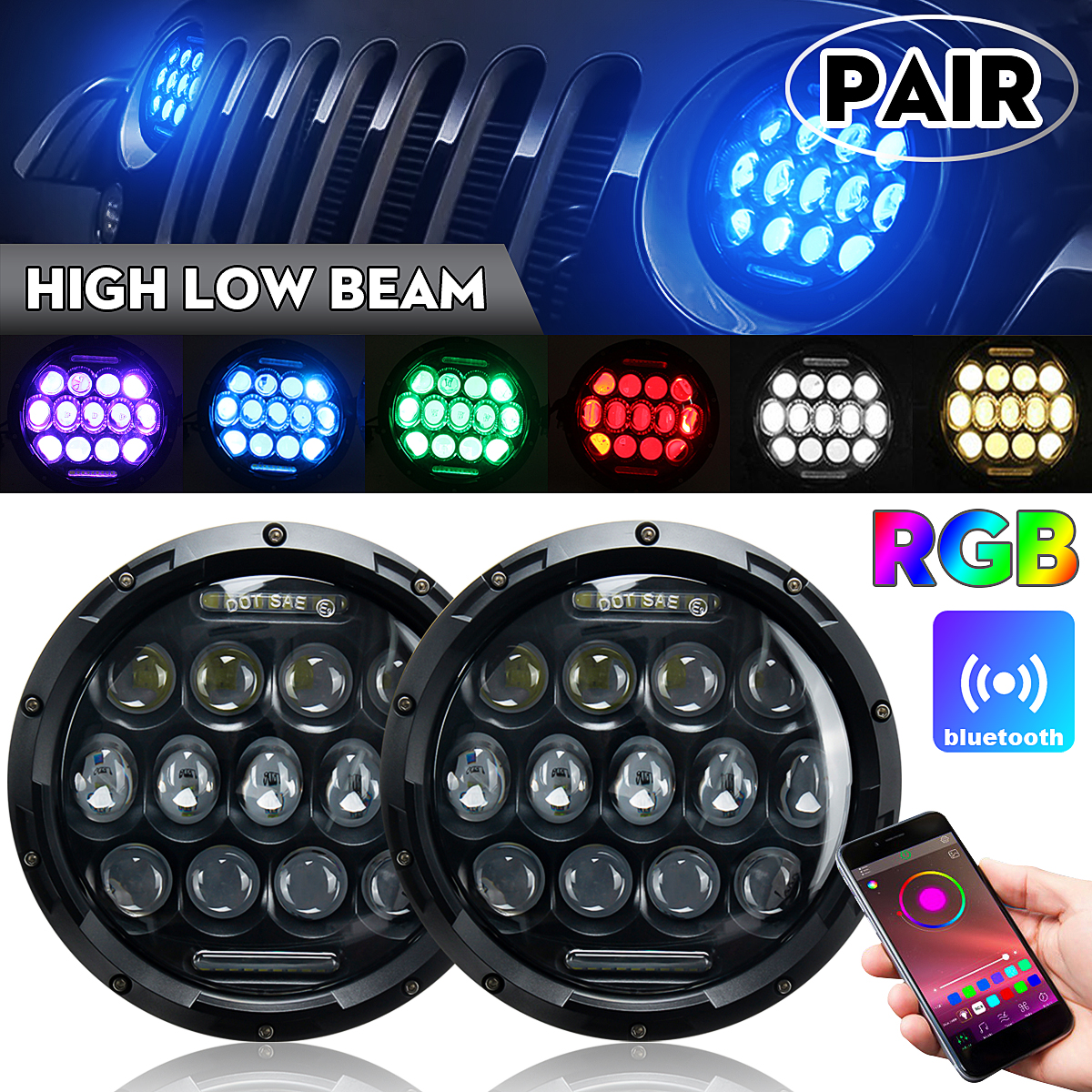 7-Inch-Car-Halo-RGB-LED-Headlights-Angel-Eyes-Lights-bluetooth-Support-APP-Control-Waterproof-High-L-1624782