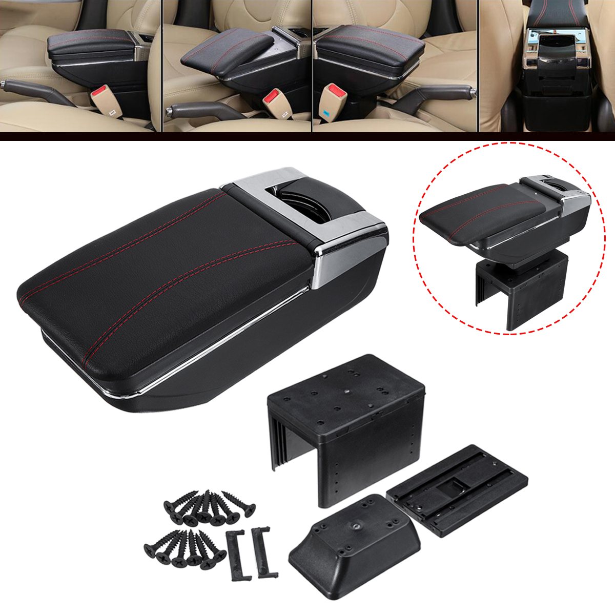 Car-Armrest-Center-Console-Storage-Box-Cushion-Rotatable-PU-Leather-Universal-1813607