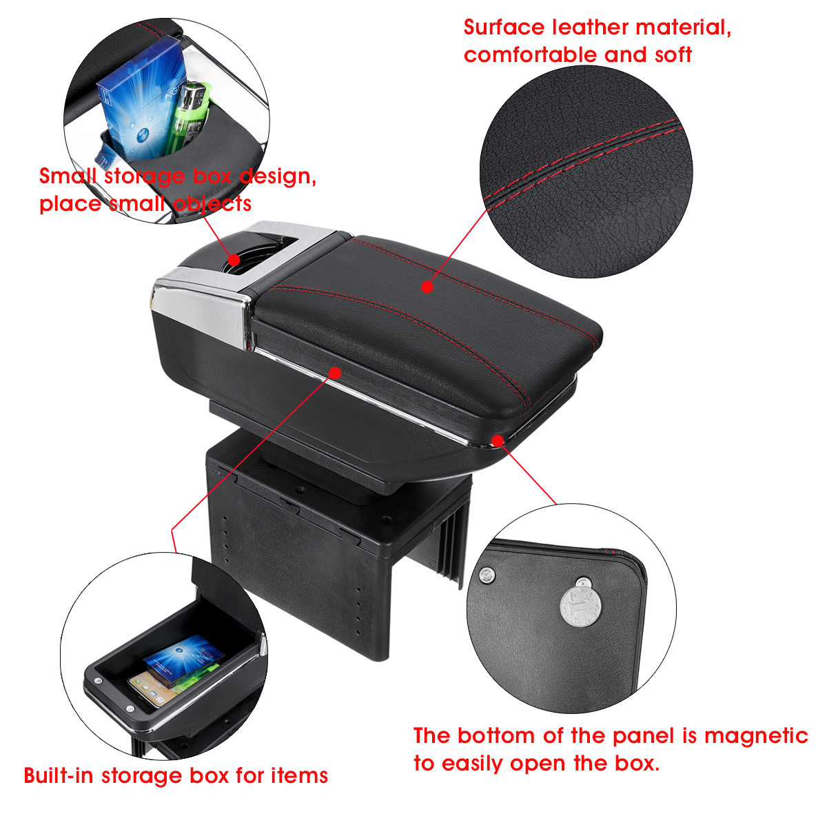 Car-Armrest-Center-Console-Storage-Box-Cushion-Rotatable-PU-Leather-Universal-1813607