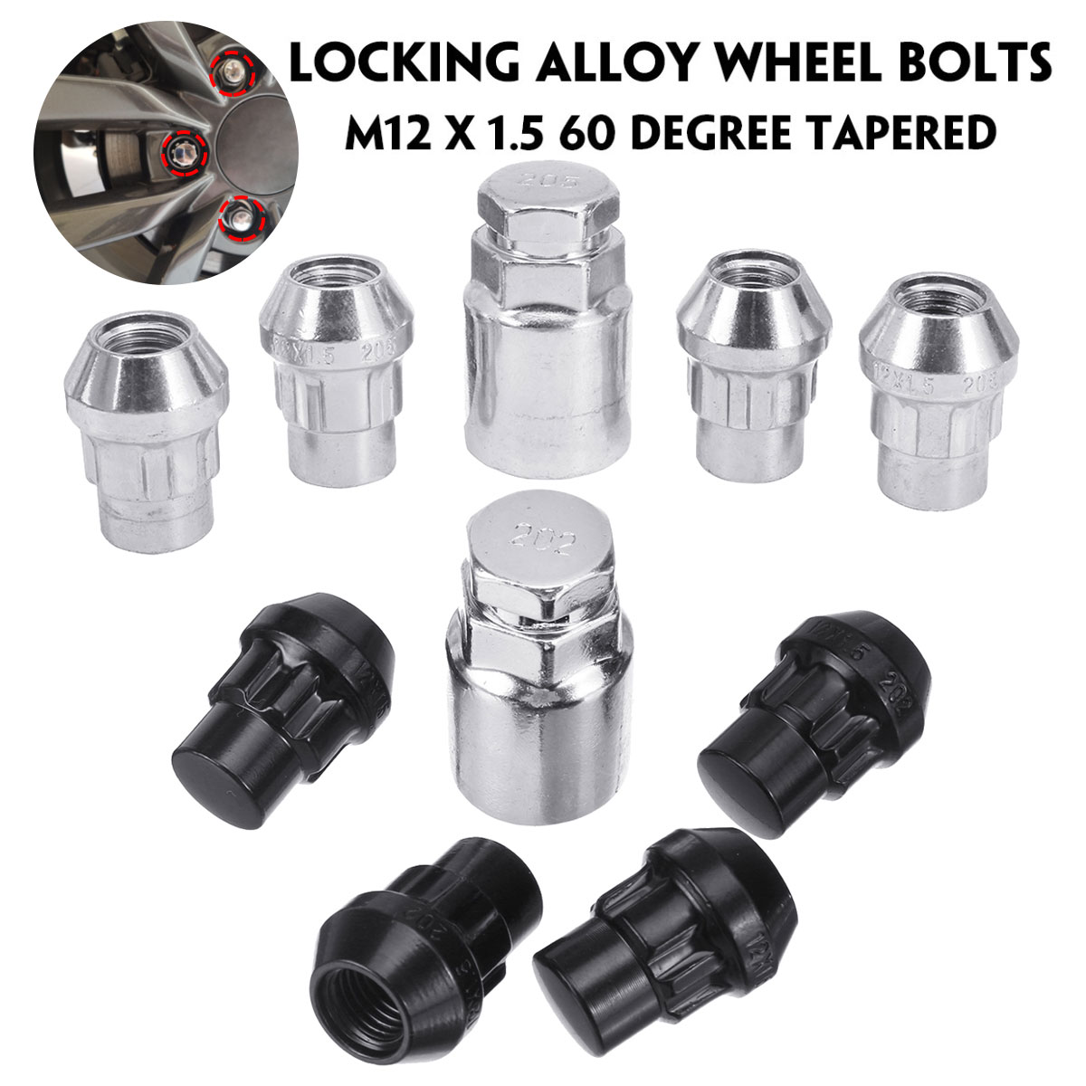 4Pcs-M12-x-15-Wheel-Locks-Locking-Nuts-Tapered-Seat-Inc-Key-For-Ford-Focus-Fiest-1673843
