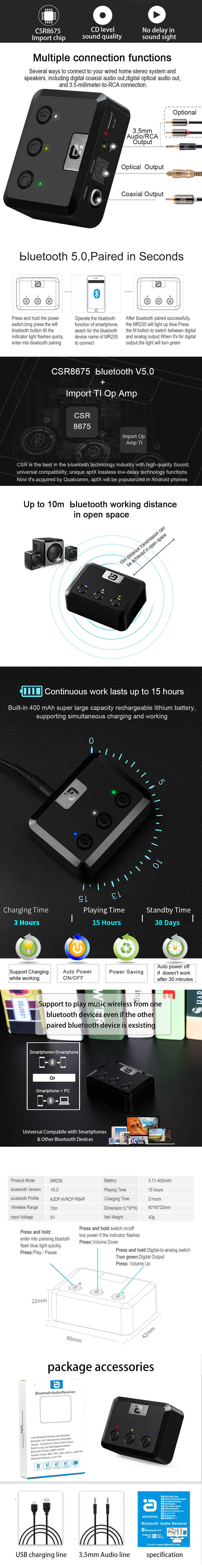 MR235-PRO-CSR8675-bluetooth-50-Audio-Receiver-Wireless-Adapter-35mm-AUX-for-PC-Computer-TV-Car-Music-1574450