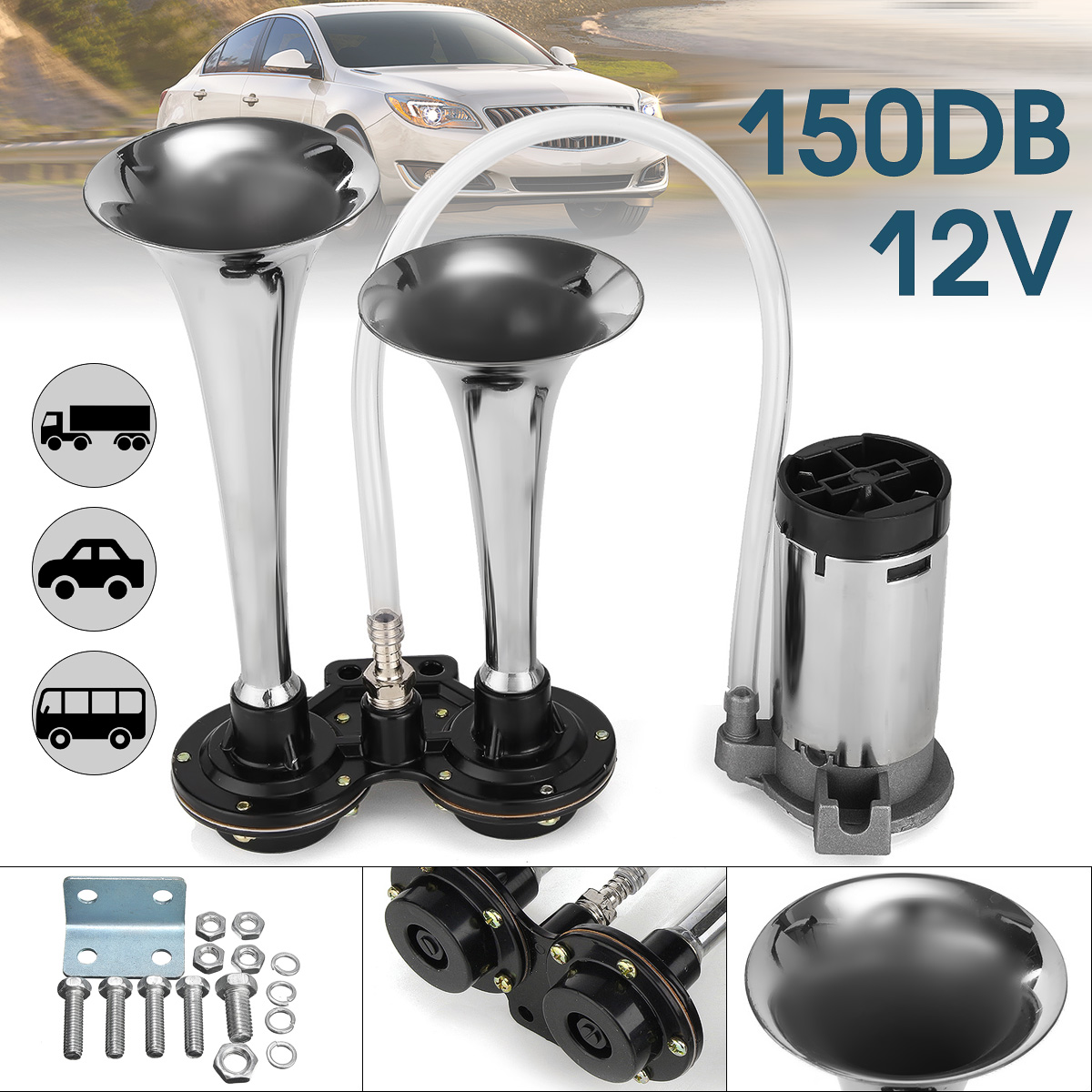 12V-150DB-Dual-Loud-Trumpet-Air-Horn-With-Compressor-Chrome-For-Car-Truck-Boat-1350092