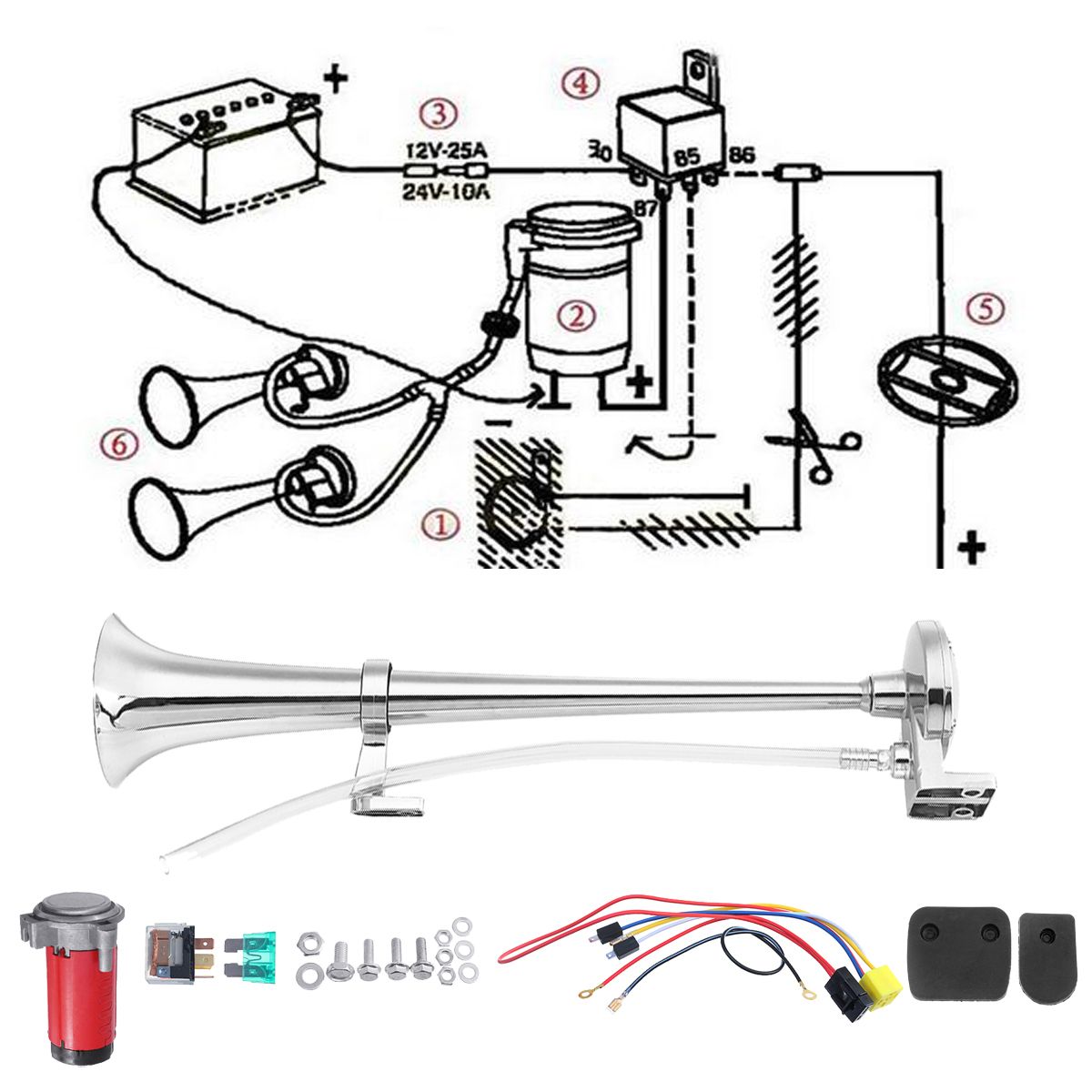 12V-178db-Trumpet-Air-Horn-With-Compressor-Super-Loud-Single-Chrome-Universal-For-Boat-Train-Car-1645659