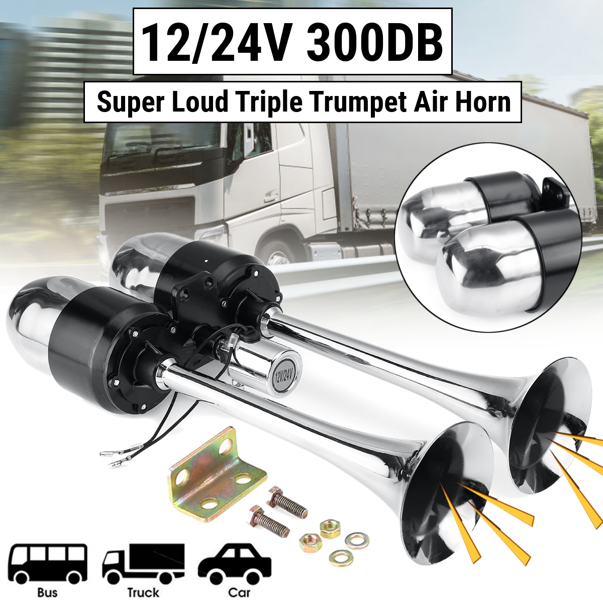 12V-24V-300DB-Dual-Trumpet-Air-Horn-Super-Loud-For-Car-Van-Boat-Pickup-Bus-Silver-1784028