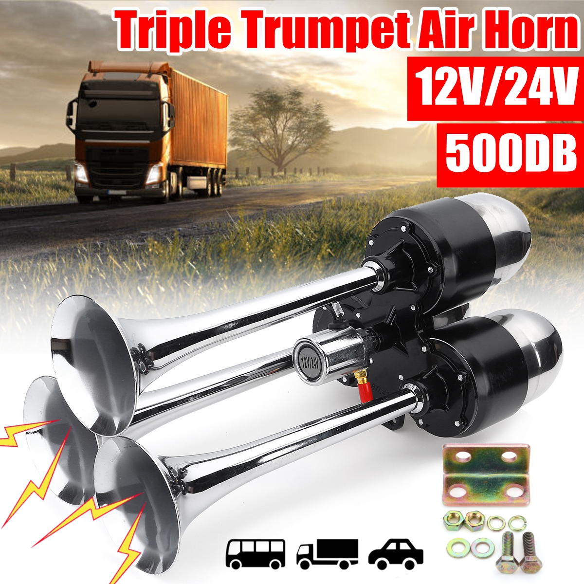 12V-24V-500DB-Universal-Triple-Trumpet-Air-Horn-Super-Loud-For-Car-Van-Boat-Silver-Truck-1747581