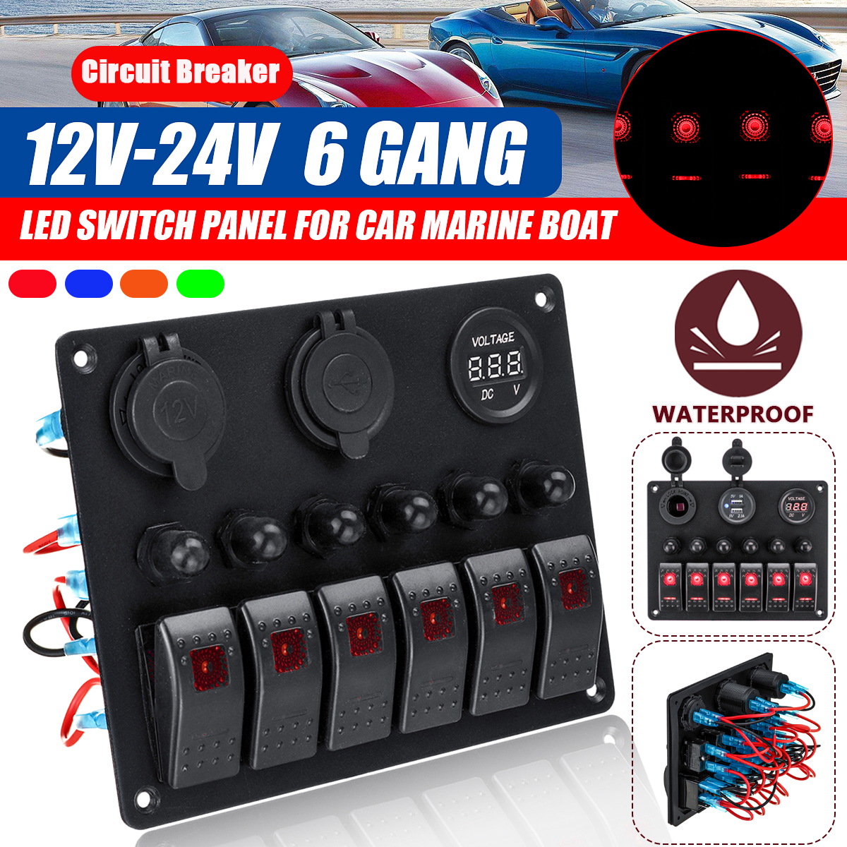 12V-24V-6-Gang-Waterproof-LED-Rocker-Switch-Panel-Voltmeter-Battery-Car-Boat-1644584