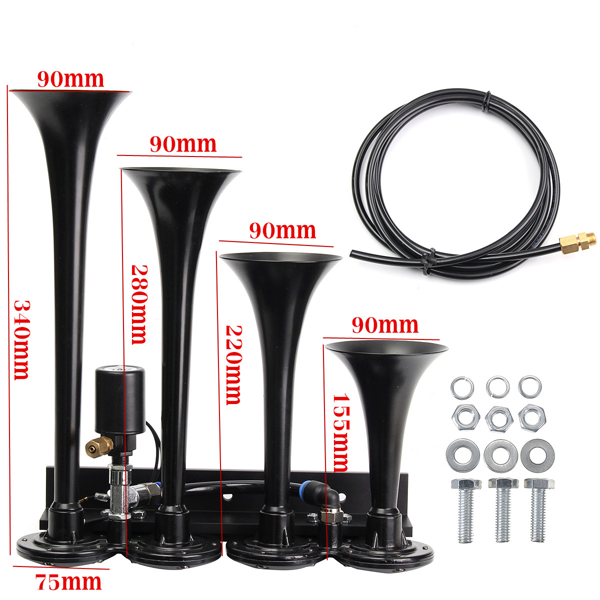 12V-Loud-149dB-Four-Trumpet-Train-Air-Horn-Metal-Black-For-Car-Truck-Boat-1450772