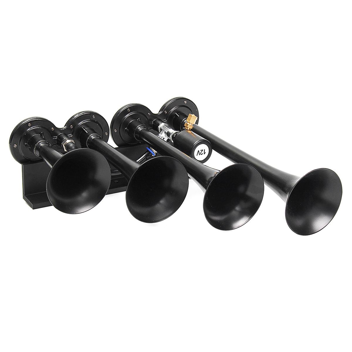 12V-Loud-149dB-Four-Trumpet-Train-Air-Horn-Metal-Black-For-Car-Truck-Boat-1450772