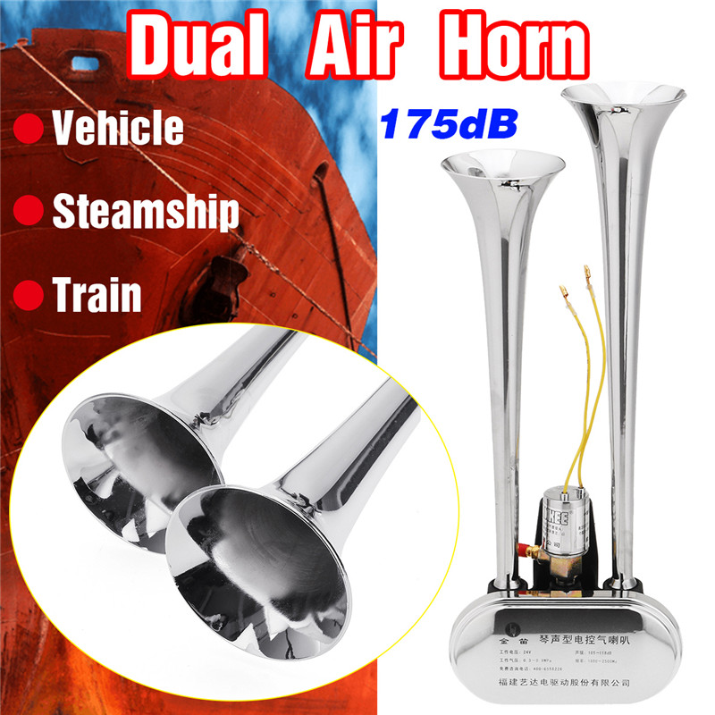 24V-175DB-Dual-Trumpet-Air-Horn-Chrome-Compressor-Auto-For-Car-Truck-Train-Boat-1579321