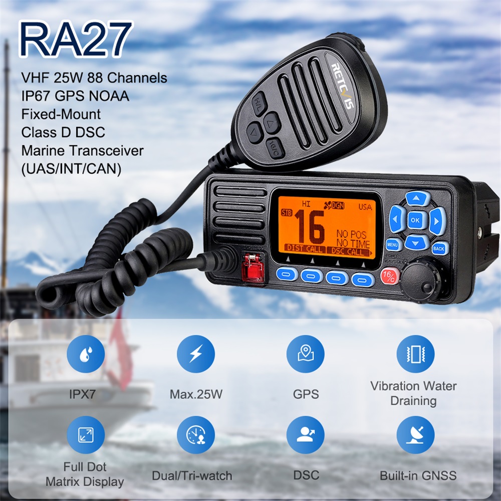 Retevis-RA27-VHF-Marine-Radio-Transceiver-25W-IP67-Waterproof-GPS-NOAA-Fixed-Mount-Class-D-DSC-Marin-1816796