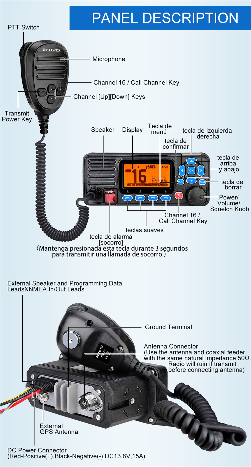 Retevis-RA27-VHF-Marine-Radio-Transceiver-25W-IP67-Waterproof-GPS-NOAA-Fixed-Mount-Class-D-DSC-Marin-1816796