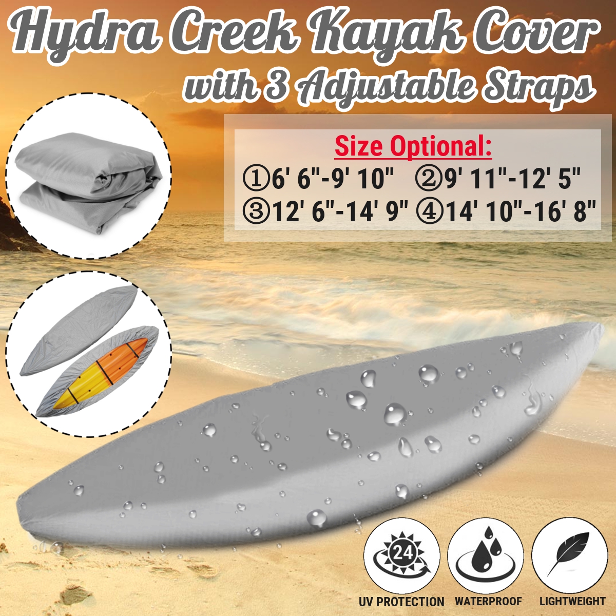 Kayak-Cover-with-Adjustable-Bottom-Straps-UV-Resistant-Dust-Shield-Silver-For-Hydra-Creek-1703174