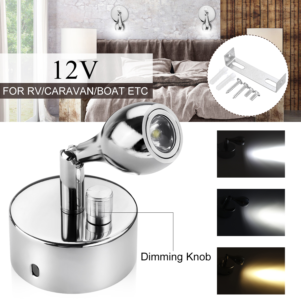 12V-1W-Dimming-Wall-Lamp-LED-Reading-Spot-Light-RV-Boat-Caravan-Motorhome-Bedside-1556697
