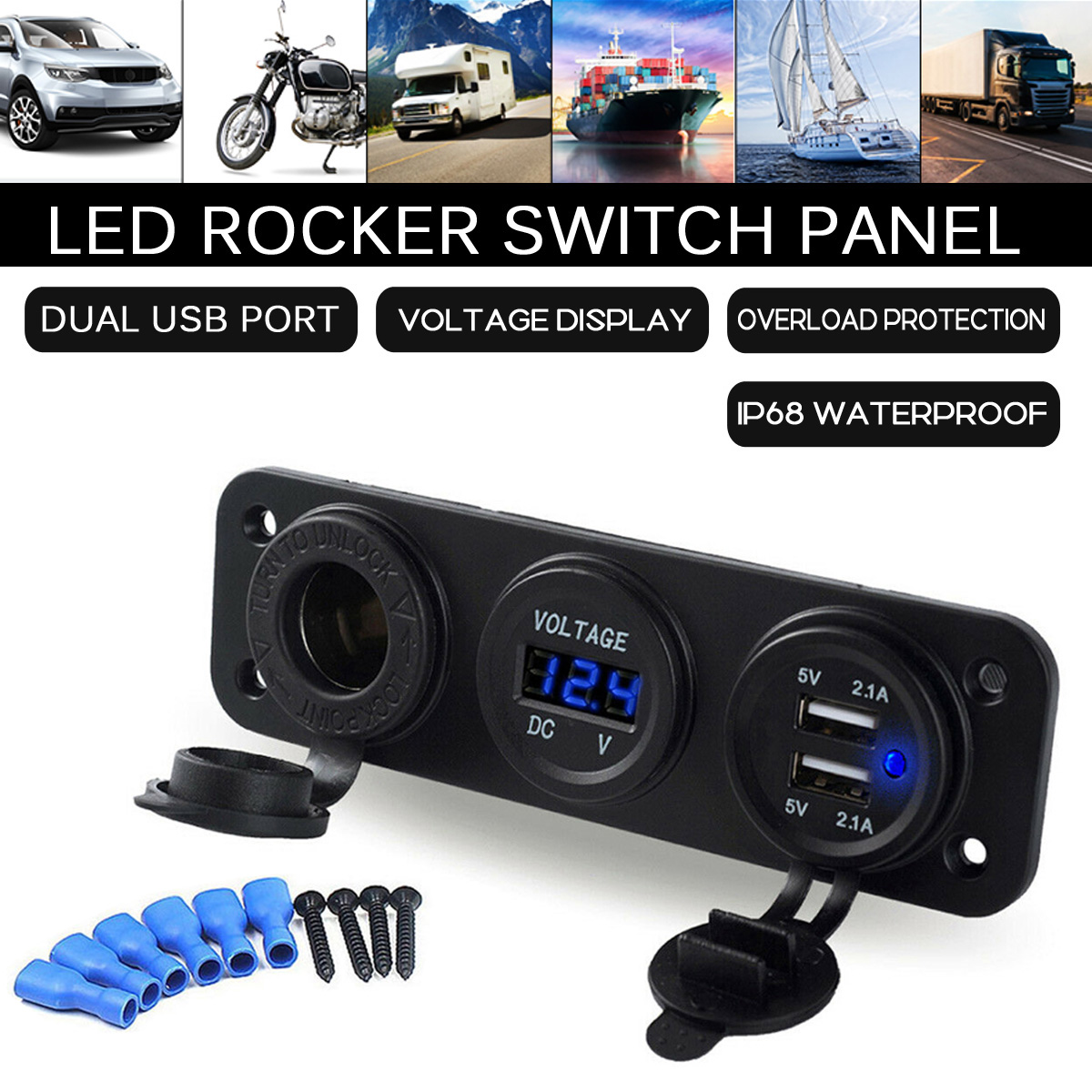 12V-2121A-Blue-LED-Rocker-Switch-Panel-Dual-USB-Charger-Power-Socket-Voltmeter-Voltage-Display-For-C-1761906