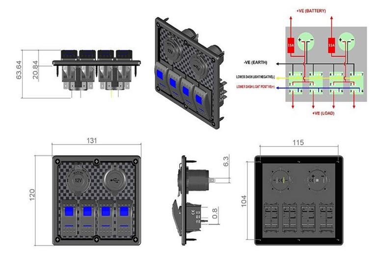 12V-24V-4-Gang-LED-CarMarine-BoatRV-Rocker-Switch-Panel-Circuit-Dual-USB-Power-Socket-1780457